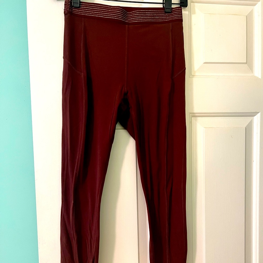 Lulu high waisted burgundy leggings in Nulu with gold waist detail